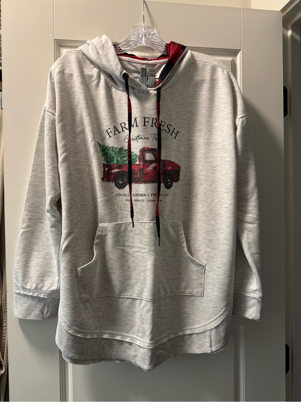 Farm Fresh Light Gray Pullover Hoodie with Red Truck Graphic